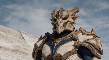Fototapeta premium Mysterious armored figure with a detailed helmet stands against a cloudy backdrop