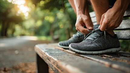 Close-up of man tying running shoes outdoors