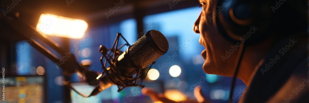 Poster radio host engages listeners while broadcasting live in a bright studio with city lights in the back
