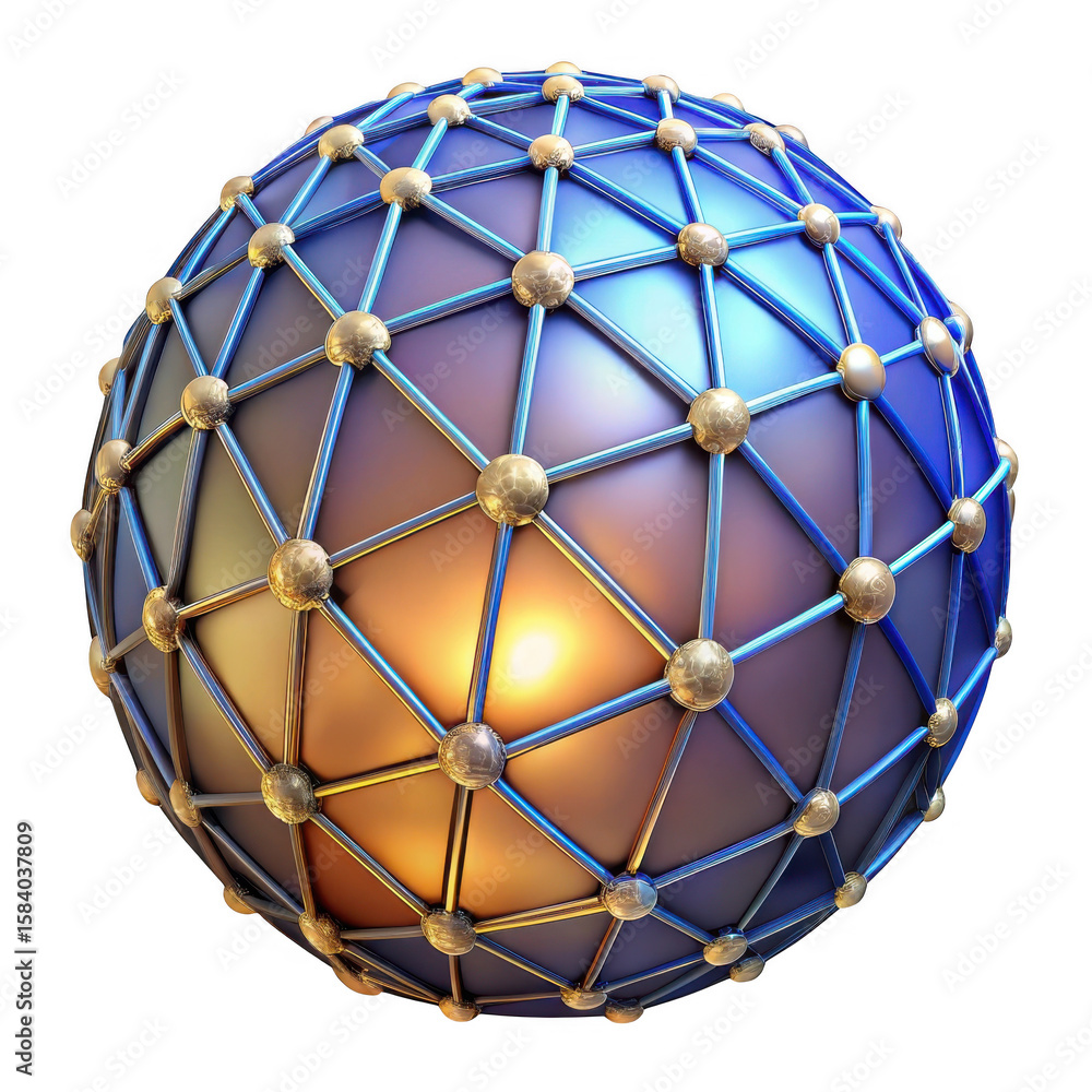Poster abstract geometric sphere with golden nodes and blue network isolated on transparent background