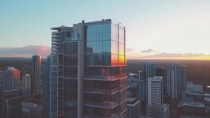 Aerial view of modern city skyline in soft morning light and clear sky
- Powered by Adobe