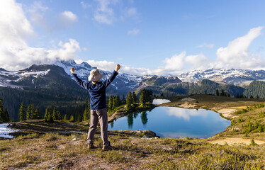 Man Celebrating at Elfin Lakes Hike in Squamish, BC, Scenic Mountain View