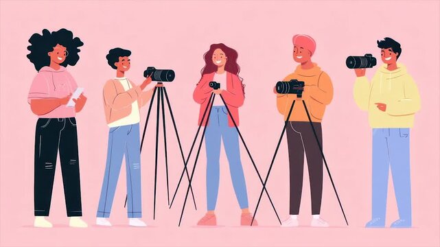 Diverse group of photographers with cameras and tripods