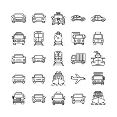 A collection of transportation icons including cars trucks boats trains and an airplane