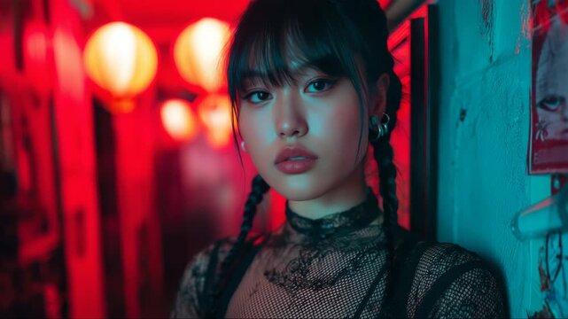 Asian goth woman in fishnet top walking through red neon-lit nightclub hallway, edgy fashion and cyberpunk underground style