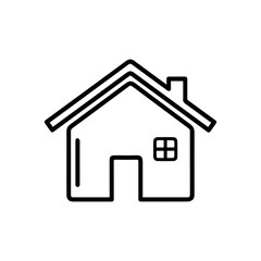 A simplistic singlelined drawing of a house with a chimney roof door and a window with crossbars