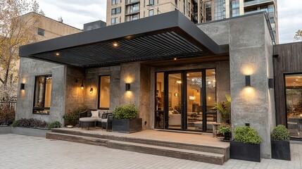 Modern exterior porch with gray stone facade and black accents.