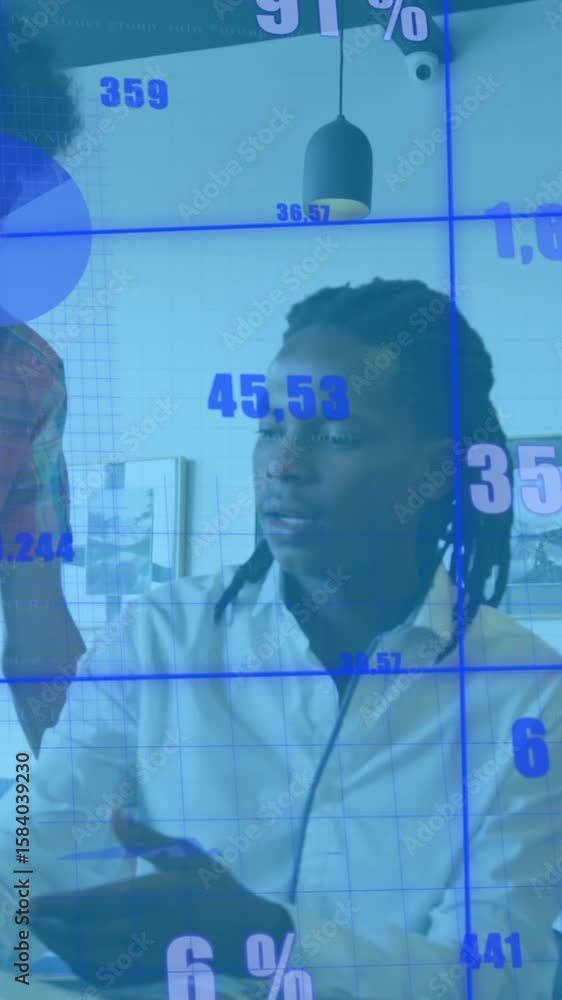 Poster animation of multiple graphs and changing numbers over diverse coworkers discussing reports