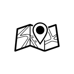 An unfolded map with road lines featuring a location pin centered on it