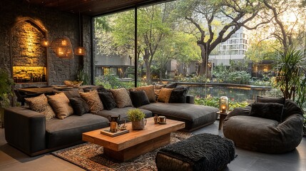 Modern living room with large windows showcasing a lush garden.