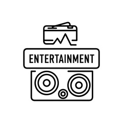 Black outlined ENTERTAINMENT emblem VR headset over text atop speaker with three circles