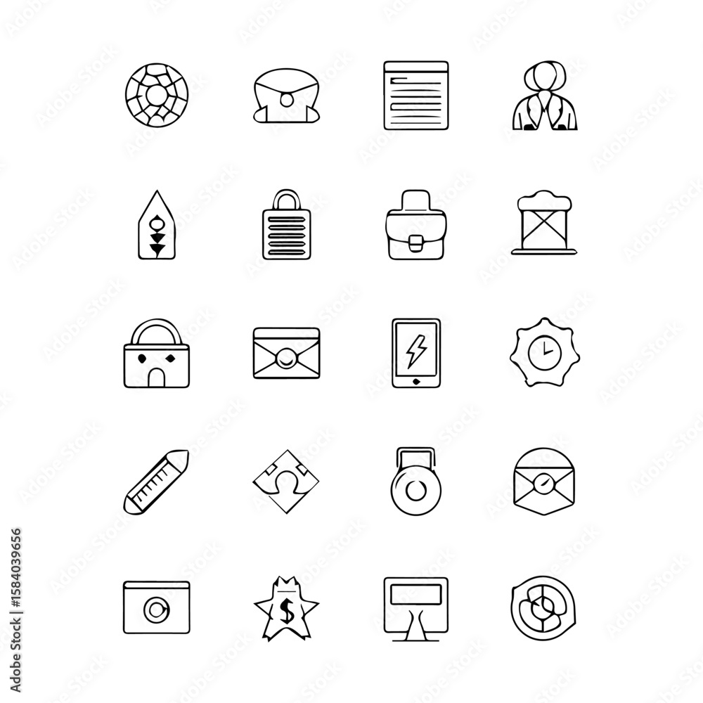 Poster collection of 20 line art icons arranged in a 4x5 grid on a white background