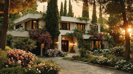 Picturesque modern home with lush landscaping at sunset.