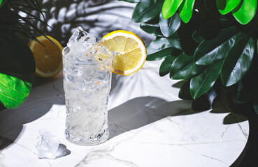 non-alcoholic gin free tonic cocktail or mocktail with juniper syrup, lemon juice, tonic water and...