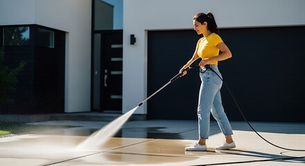 Obraz premium Young Woman Washing Driveway on Sunny Day