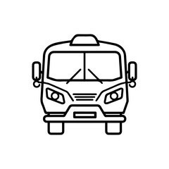 Front view of a bus with detailed headlights wipers and a roofmounted structure