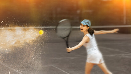 Young woman playing tennis against female opponent on tennis court