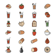 Icon grid showing varied foods and drinks like bread fruits juice coffee and documents