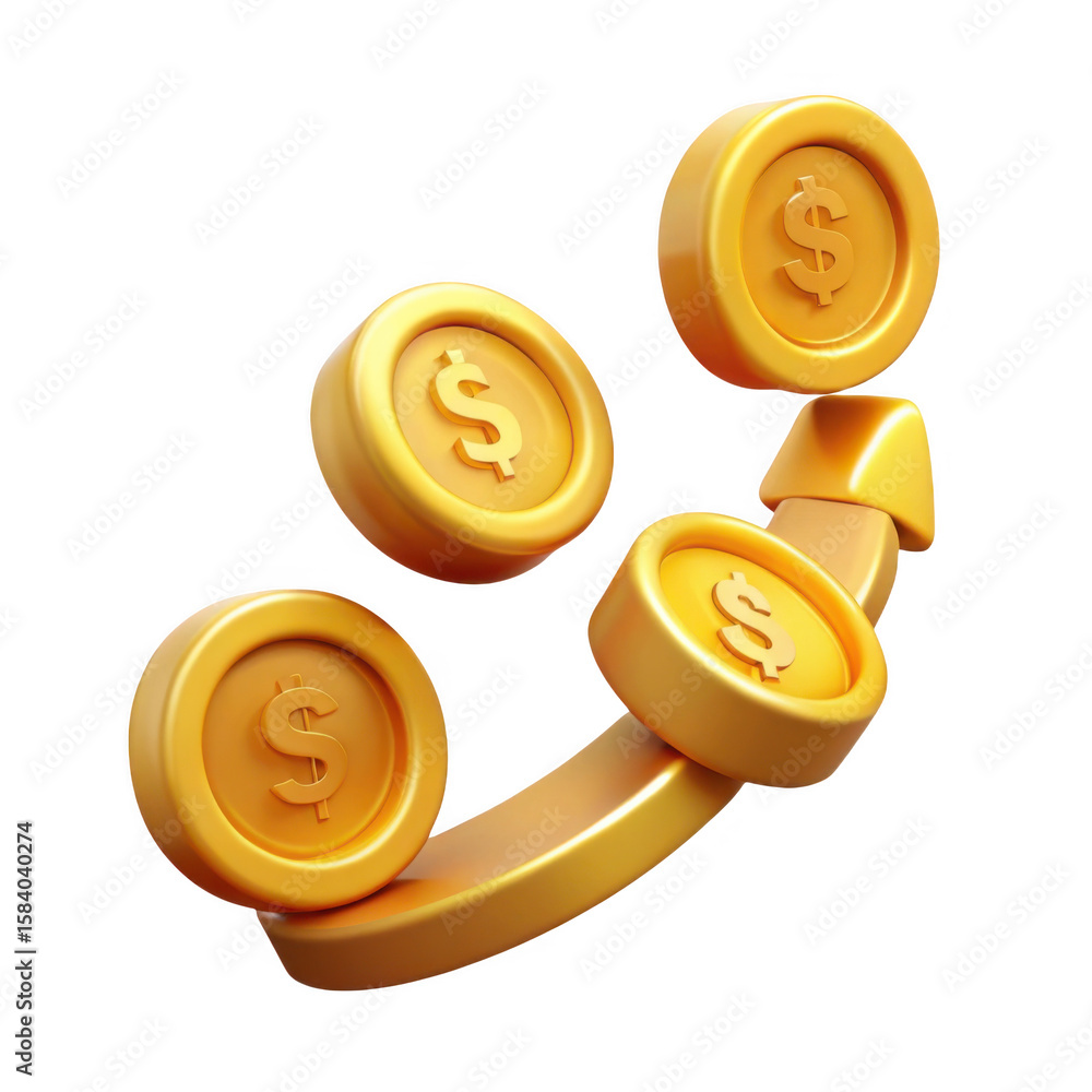 Poster golden dollar coins arranged on an upward curve isolated on transparent background