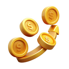 Golden dollar coins arranged on an upward curve isolated on transparent background