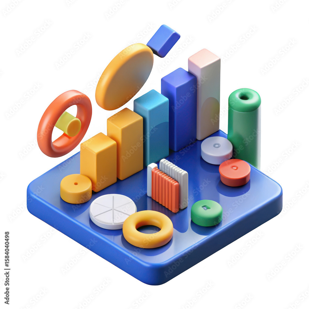 Poster abstract 3d isometric business growth chart with geometric shapes isolated on transparent background