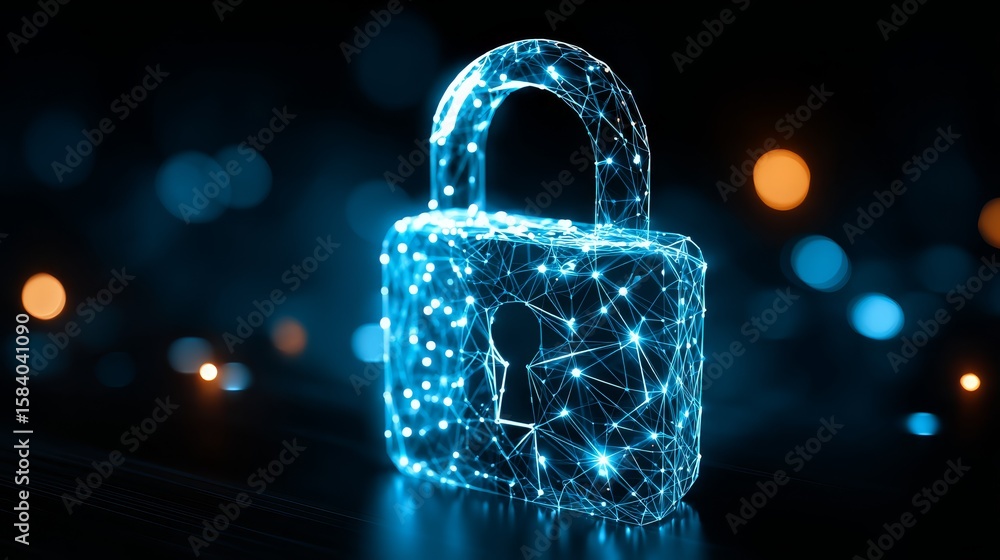 Poster illuminated lock, symbolizing digital data protection and access control in the modern age