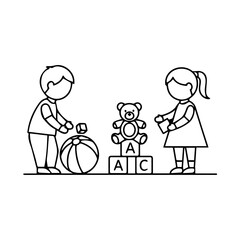 Two children are playing with a teddy bear a ball and building blocks