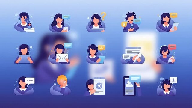 Animated Call Center Operators Icons Set With Tablets and Phones on Blurred Background
