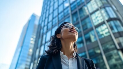 Confident woman in business attire looks up towards skyscrapers - Powered by Adobe