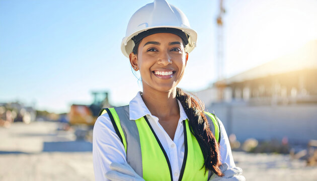 Mujer ingeniera con casco y chaleco en ambiente industrial, mirando a c&aacute;mara con confianza durante jornada laboral
