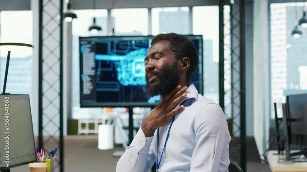 Poster System administrator in tech startup office using PC, troubleshooting hardware and software issues. IT professional at work monitoring and optimizing performance using computer, camera A