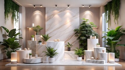 A modern interior design featuring plants displayed on marble pedestals