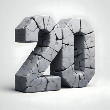 A number 20 made of gray cracked stone, with chipped edges and surface fissures, rugged appearance on white background