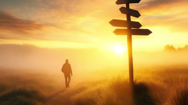 A silhouette of a person walking towards a signpost in a foggy landscape during sunrise. The scene conveys a sense of exploration and decision-making.