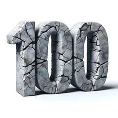 A number 100 made of gray cracked stone, with chipped edges and surface fissures, rugged appearance on white background