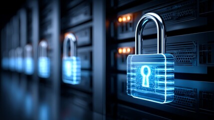 Enhancing server room security, a detailed view of padlock on server wall server