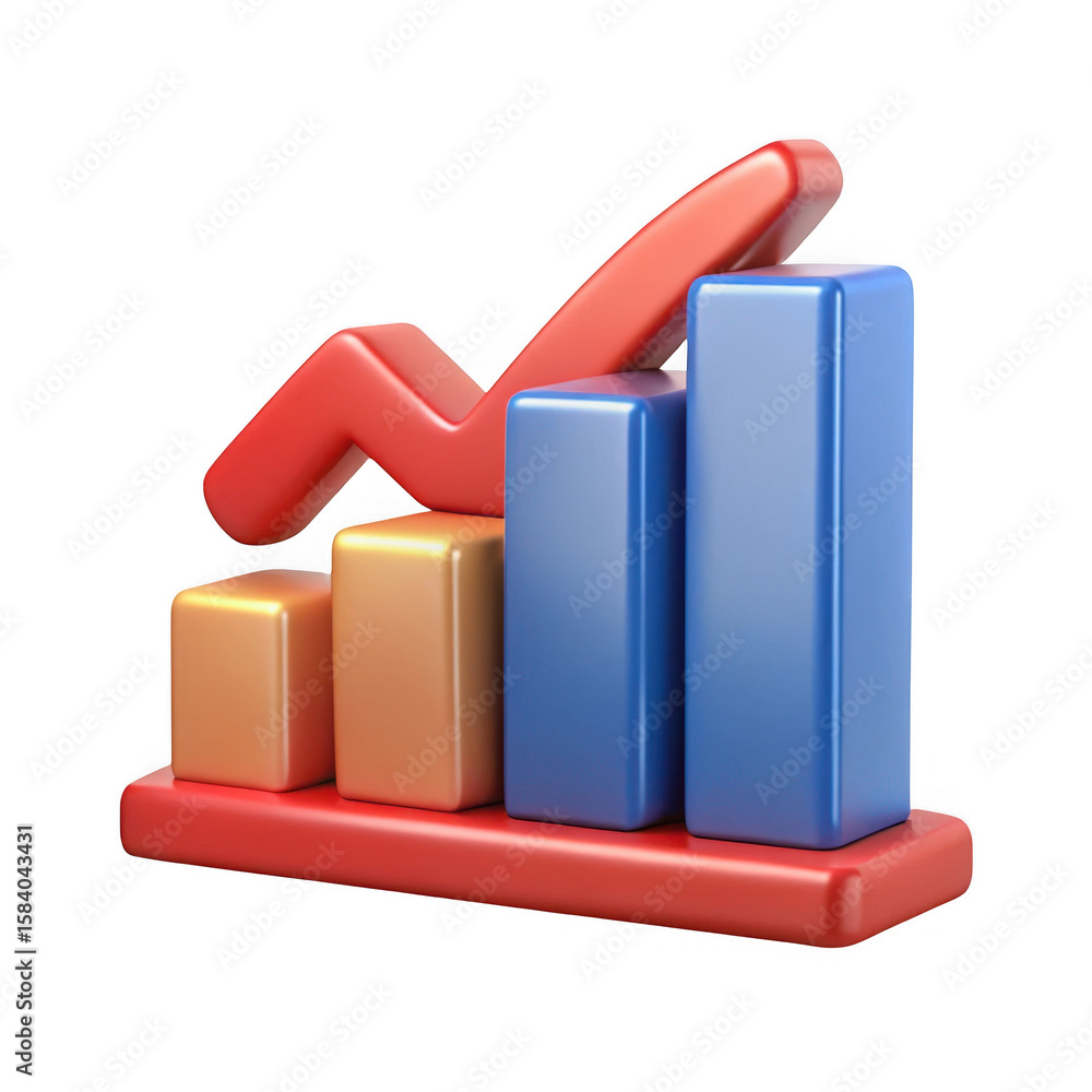 Poster 3d bar chart with upward trend arrow isolated on transparent background