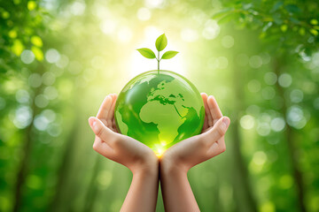 Hands cradling a green globe with sprout against a blurred green forest background