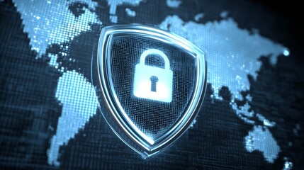 Global security, padlock on world map symbolizing international protection and data safety
