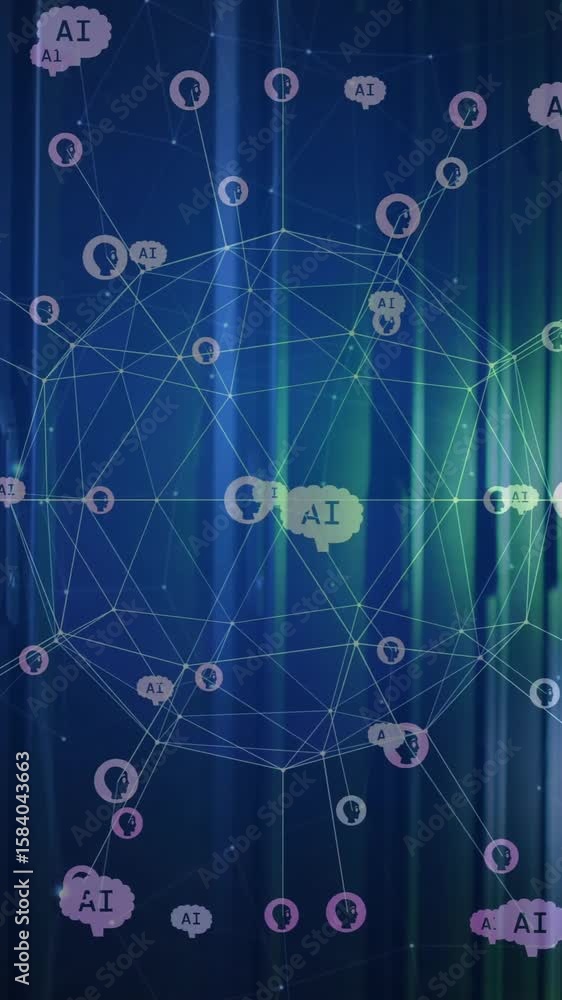Poster animation of globe with connections and ai icons over computer servers