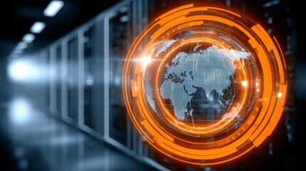 Global network server connections and data exchange visualized on a world map