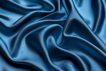 Obraz premium Close-up view of luxurious deep blue silk fabric with elegant folds and drapes showcasing its smooth texture