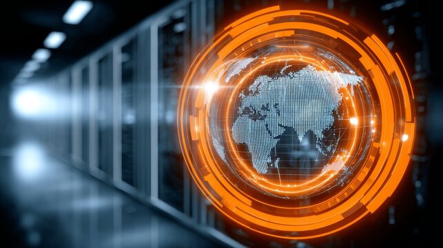Global network server connections and data exchange visualized on a world map - Powered by Adobe