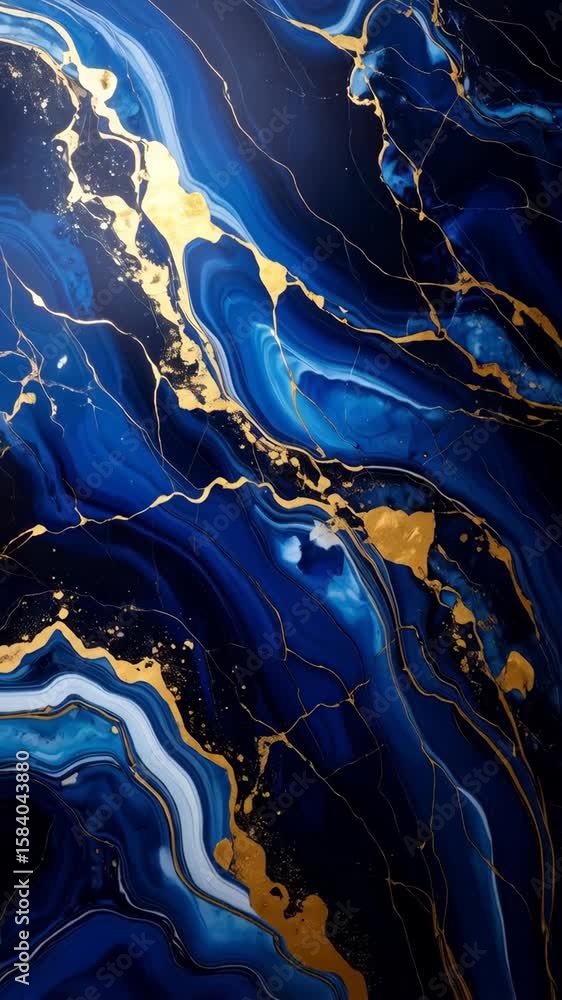 Poster abstract fluid art animation with swirling dark blue and gold colors creating an elegant marble patt