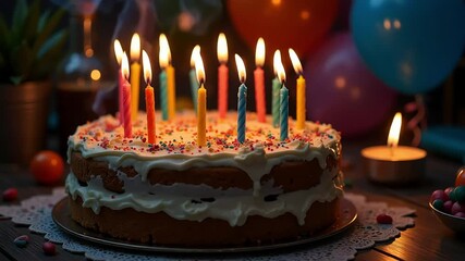 A vibrant birthday cake adorned with colorful candles stands ready for celebration, adding joy and cheer to any party or special occasion. - Powered by Adobe