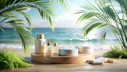 Fototapeta premium Cosmetic products are displayed on a wooden platform with a beach background