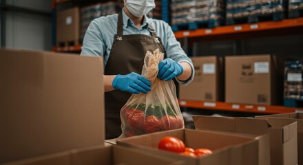 Worker in Protective Gear Organizing Fresh Vegetables in a Warehouse for Distribution and Supply Chain Management