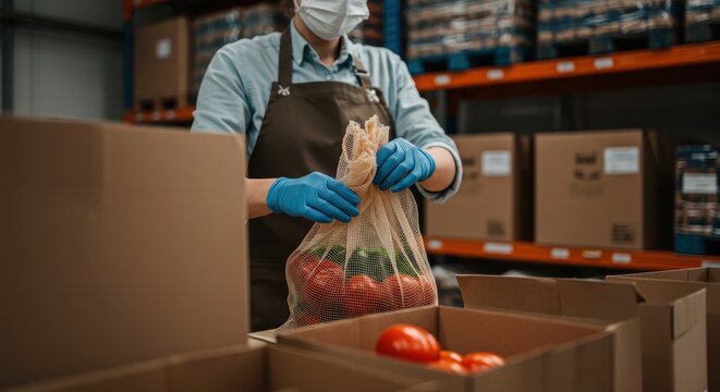 Worker in Protective Gear Organizing Fresh Vegetables in a Warehouse for Distribution and Supply Chain Management