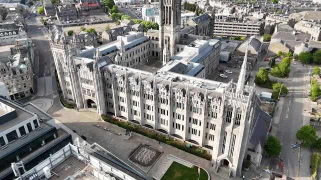 Drone shot of Marischal College in Aberdeen, Scotland, United Kingdom