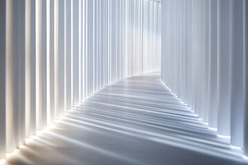 Modern minimalist corridor bathed in natural light with sunlight streaks